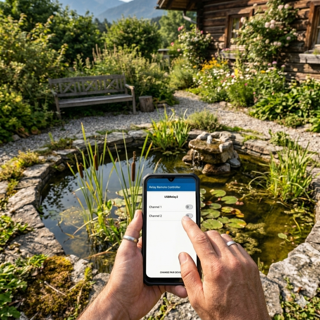 Person holding a phone in a cottage garden setting